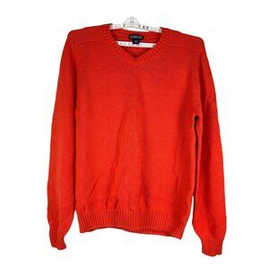 Lands End Mens Sweater V-Neck Size L Tall Orange Knit Made in Japan Warm Delicat